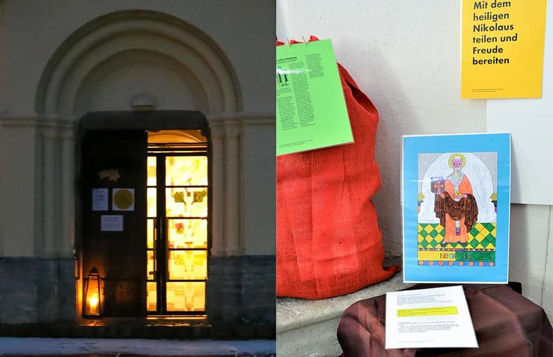 Beleuchteter Eingang der Pfarrkirche Dobl, Station zum Heiligen Nikolaus in der Pfarrkirche Tobelbad